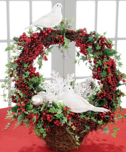 Add white doves to berry wreaths for Red and White Christmas Decorations