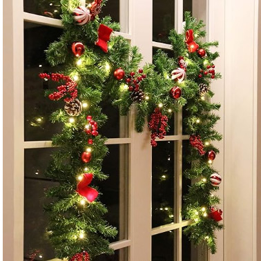 Lighted Christmas Garland with 50 LEDs, Pine Cones, Red Berries